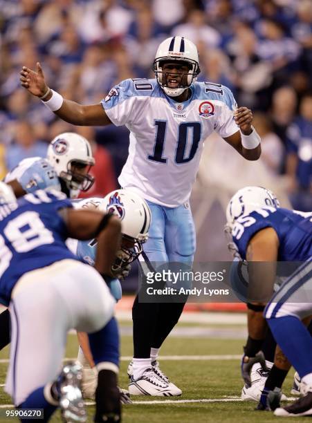 Vince Young of the Tennessee Titans calls out signals during the NFL game against the Indianapolis Colts at Lucas Oil Stadium on December 6, 2009 in...
