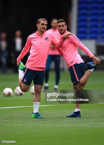 Antoine Griezmann and Koke of Atletico Madrid during a training session at Stade de Lyon ahead of the UEFA Europa League Final between Olympique de...