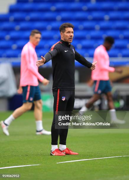 Diego Simeone head coach of Atletico Madrid looks on during a training session at Stade de Lyon ahead of the UEFA Europa League Final between...