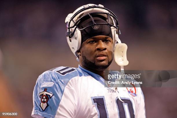 Vince Young of the Tennessee Titans looks on during the NFL game against the Indianapolis Colts at Lucas Oil Stadium on December 6, 2009 in...