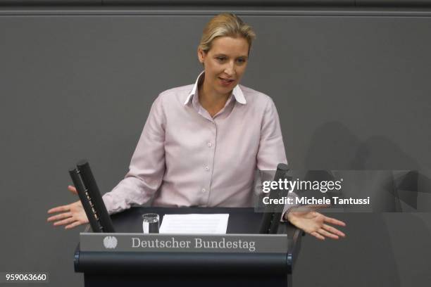 AfD Far Right Party Chairwoman Alice Weidel addresses the Bundestag during debates over the federal budget on May 16, 2018 in Berlin, Germany....