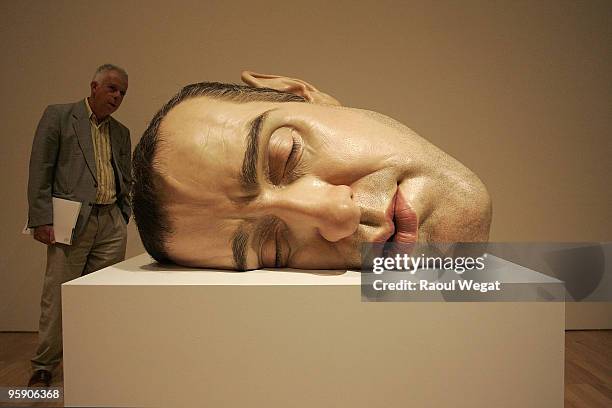 An exhibition piece entitled "Mask II" is seen ahead of the opening of the new Ron Mueck exhibition at the National Gallery of Victoria on January...