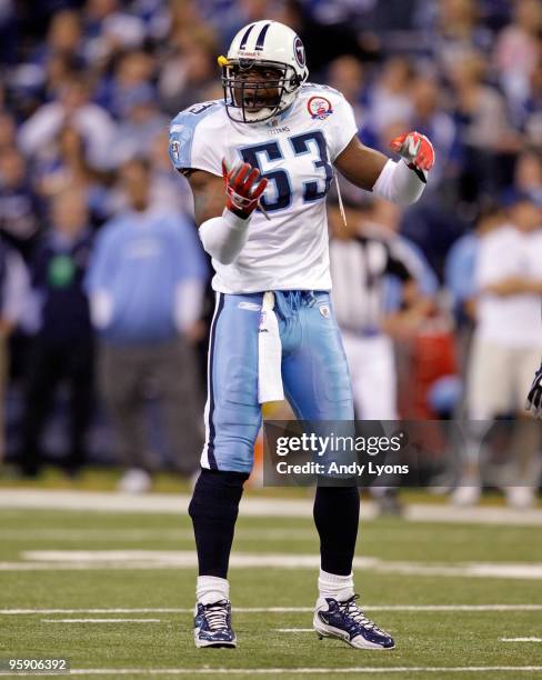 Keith Bulluck of the Tennessee Titans reacts during the NFL game against the Indianapolis Colts at Lucas Oil Stadium on December 6, 2009 in...