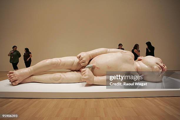 An exhibition piece entitled "A girl" is seen ahead of the opening of the new Ron Mueck exhibition at the National Gallery of Victoria on January 21,...