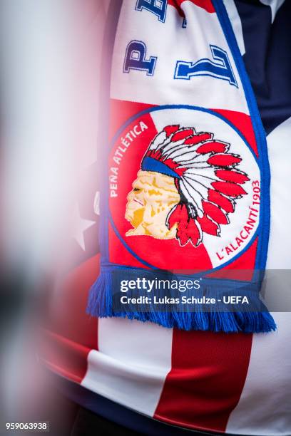 The logo of Atletico de Madrid is seen on a scarf at the Fan Zone ahead of the UEFA Europa League Final between Olympique de Marseille and Club...