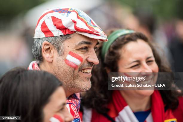 Fans of Atletico de Madrid smile at the Fan Zone ahead of the UEFA Europa League Final between Olympique de Marseille and Club Atletico de Madrid at...