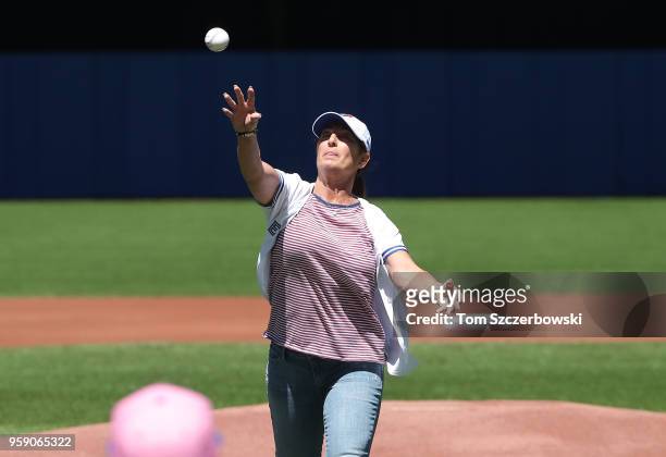Wendy Pillar the mother of Kevin Pillar of the Toronto Blue Jays throws out the first pitch on Mothers Day before the start of MLB game action...