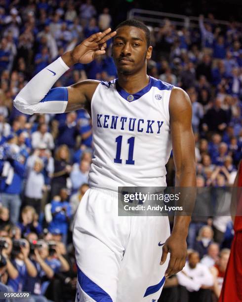 John Wall of the Kentucky Wildcats celebrates during the game against the Louisville Cardinals at Rupp Arena on January 2, 2010 in Lexington,...