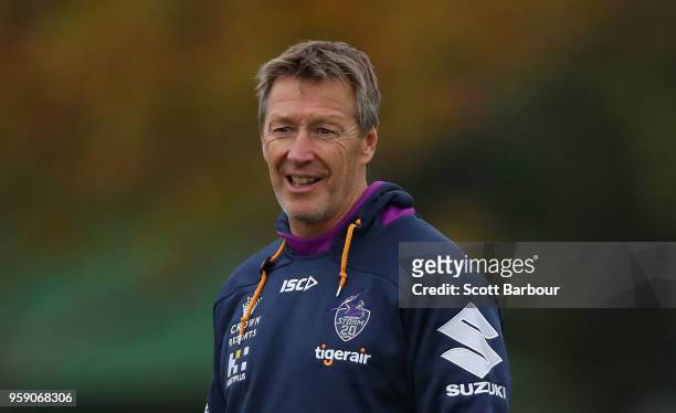 Storm coach Craig Bellamy looks on during a Melbourne Storm NRL media session at Gosch's Paddock on May 16, 2018 in Melbourne, Australia.