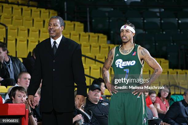 Jay Humphries Head Coach and Majic Dorsey of the Reno Bighorns during the game against the Utah Flash at McKay Events Center on January 20, 2010 in...