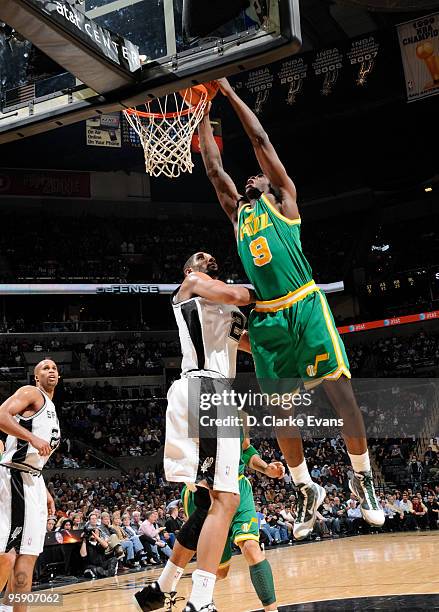 Ronnie Brewer of the Utah Jazz shoots against Tim Duncan of the San Antonio Spurs on January 20, 2010 at the AT&T Center in San Antonio, Texas. NOTE...