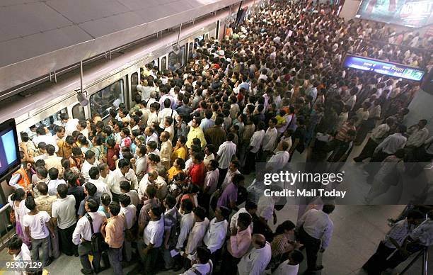 View of an overcrowded Rajiv Chowk metro station. Within months of extending the rail link from Dwarka to Noida and Anand Vihar, travelling in metro...