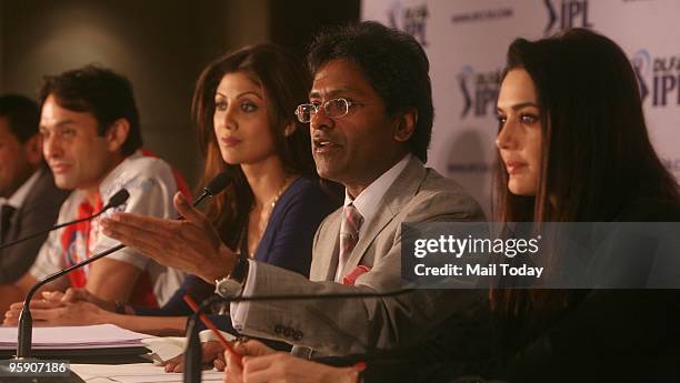 From left- Co-owner of 'Kings XI Punjab' Ness Wadia, co-owner of 'Rajasthan Royals' Shilpa Shetty, Commissioner of the Indian Premier League Lalit...