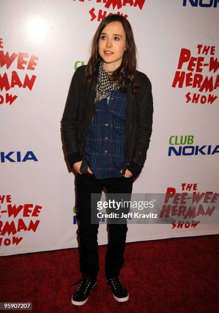 Actress Ellen Page arrives to the opening night of "The Pee-wee Herman Show" Los Angeles Opening Night at Club Nokia on January 20, 2010 in Los...