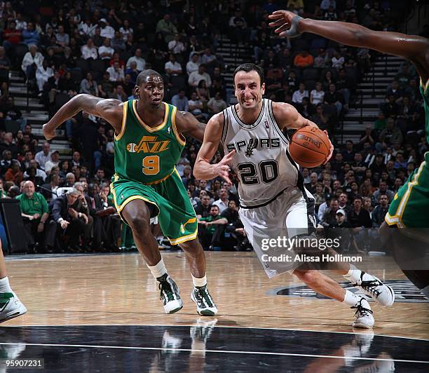 Manu Ginobili of the San Antonio Spurs drives against Ronnie Brewer of the Utah Jazz on January 20, 2010 at the AT&T Center in San Antonio, Texas....