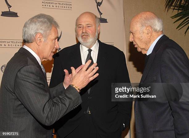 Television show host Alex Trebek, actor Rob Reiner and actor Carl Reiner arrive for the Academy Of Television Arts and Sciences' 19th Annual Hall Of...