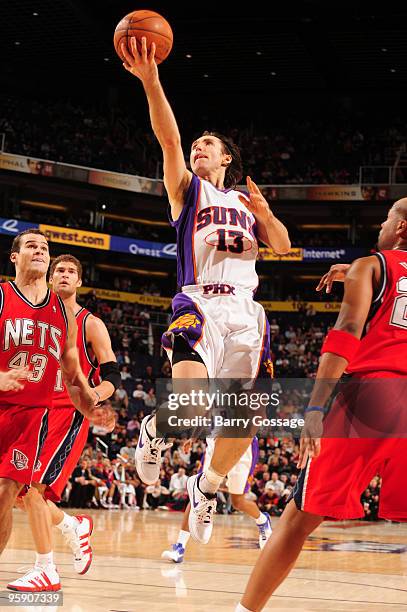 Steve Nash of the Phoenix Suns drives for a shot against the New Jersey Nets in an NBA game played on January 20, 2010 at U.S. Airways Center in...