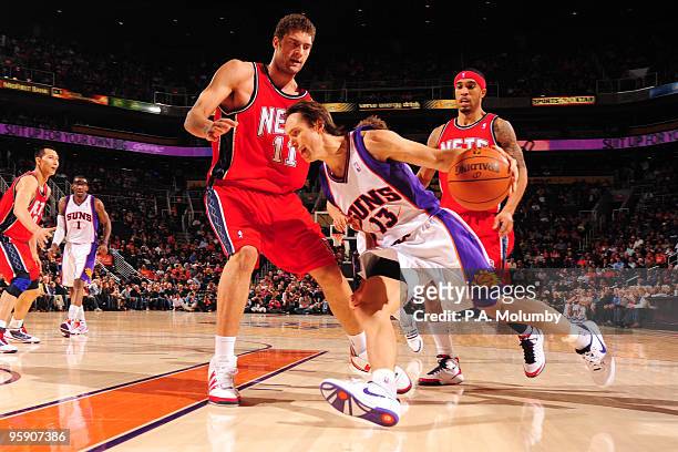 Steve Nash of the Phoenix Suns drives against Brook Lopez of the New Jersey Nets in an NBA game played on January 20, 2010 at U.S. Airways Center in...