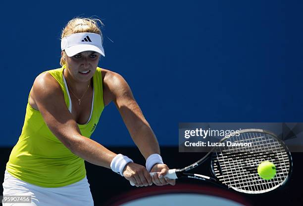 Sabine Lisicki of Germany plays a backhand in her second round match against Alberta Brianti of Italy during day four of the 2010 Australian Open at...