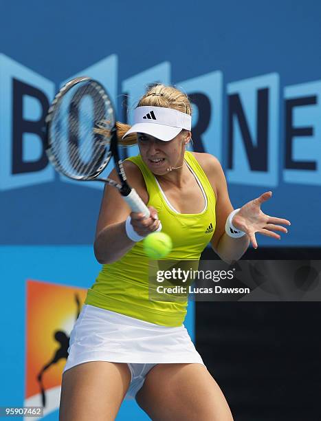 Sabine Lisicki of Germany plays a forehand in her second round match against Alberta Brianti of Italy during day four of the 2010 Australian Open at...