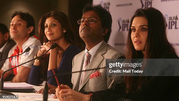 From left- Co-owner of 'Kings XI Punjab' Ness Wadia, co-owner of 'Rajasthan Royals' Shilpa Shetty, Commissioner of the Indian Premier League Lalit...