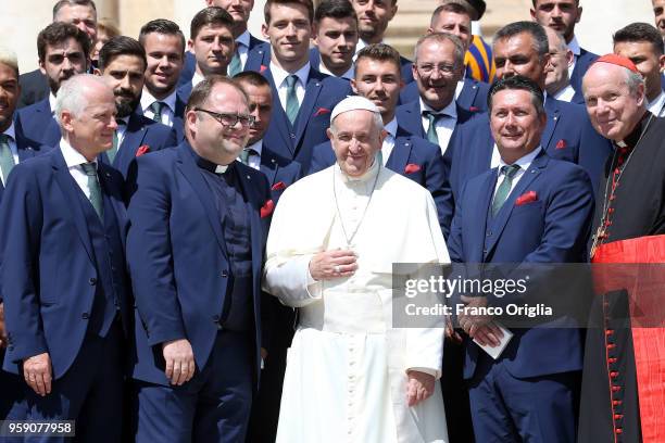 Pope Francis poses with Rapid Wien Football team and the arcbishop of Wien Christoph Schonborn during his weekly audience in St. Peter's square on...