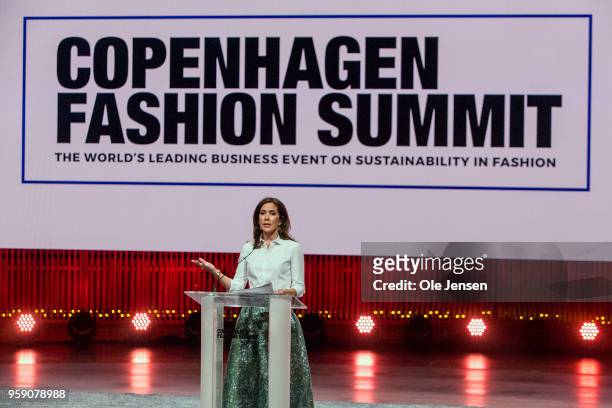 Crown Princess Mary of Denmark speaks at the 'Copenhagen Fashion Summit 2018' conference on May 16 in Copenhagen, Denmark. The Crown Princess spoke...