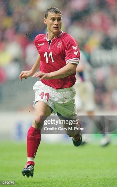 Ebbe Sand of Denmark during the World Cup Group 3 Qualifier against the Czech Republic at the Parken Stadium in Copenhagen, Denmark. Denmark won 2-1....