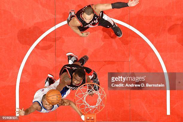 Martell Webster of the Portland Trail Blazers goes up for the ball against Sebastian Telfair of the Los Angeles Clippers during the game on January...