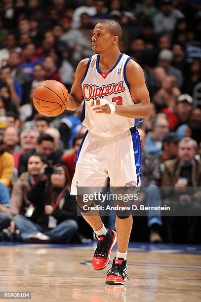 Sebastian Telfair of the Los Angeles Clippers moves the ball up court during the game against the Portland Trail Blazers on January 4, 2010 at...