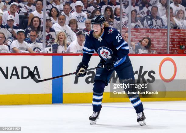 Patrik Laine of the Winnipeg Jets keeps an eye on the play during first period action against the Vegas Golden Knights in Game One of the Western...