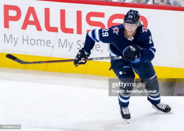 Patrik Laine of the Winnipeg Jets follows the play down the ice during second period action against the Vegas Golden Knights in Game One of the...
