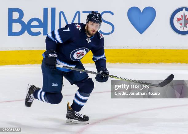 Ben Chiarot of the Winnipeg Jets keeps an eye on the play during second period action against the Vegas Golden Knights in Game One of the Western...