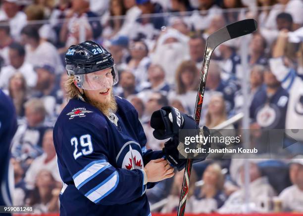 Patrik Laine of the Winnipeg Jets looks on during a third period stoppage in play against the Vegas Golden Knights in Game One of the Western...