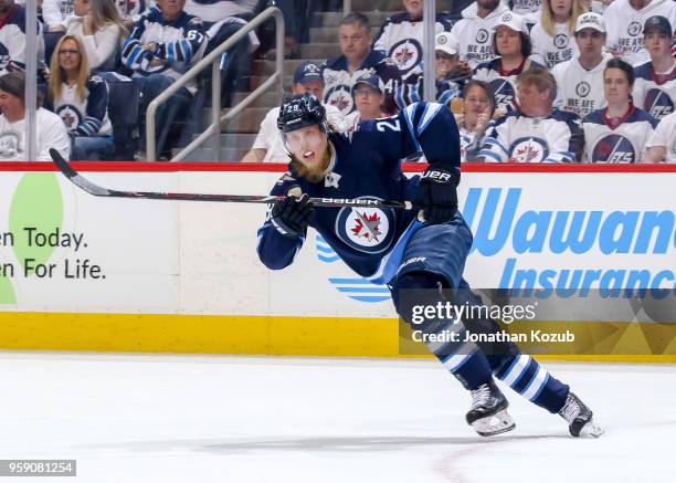 Patrik Laine of the Winnipeg Jets follows the play up the ice during third period action against the Vegas Golden Knights in Game One of the Western...