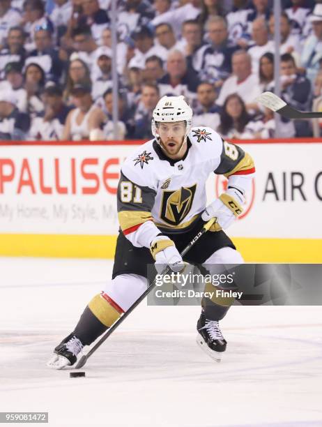 Jonathan Marchessault of the Vegas Golden Knights plays the puck down the ice during second period action against the Winnipeg Jets in Game One of...