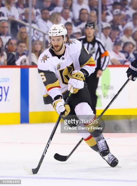 Colin Miller of the Vegas Golden Knights plays the puck down the ice during third period action against the Winnipeg Jets in Game One of the Western...