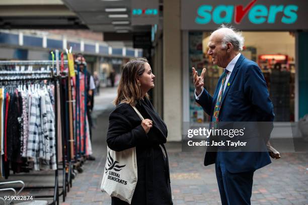 Liberal Democrat Leader Vince Cable and Liberal Democrat Parliamentary candidate for Lewisham East, Lucy Salek speak in Catford Market as the party...