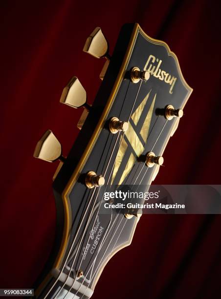 Detail of the headstock on a Gibson True Historic 1957 Les Paul Custom "Black Beauty" electric guitar, taken on January 13, 2017.