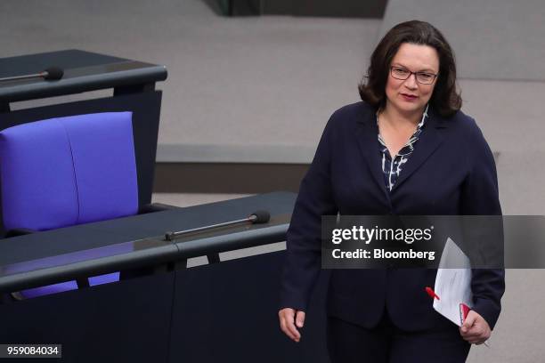 Andrea Nahles, leader of the Social Democratic Party , arrives for a budget policy plan debate in the lower-house of the Bundestag in Berlin,...