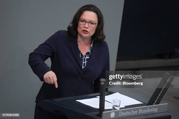 Andrea Nahles, leader of the Social Democratic Party , speaks during a budget policy plan debate in the lower-house of the Bundestag in Berlin,...