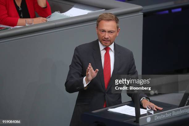 Christian Lindner, leader of the Free Democratic Party , speaks during a budget policy plan debate in the lower-house of the Bundestag in Berlin,...