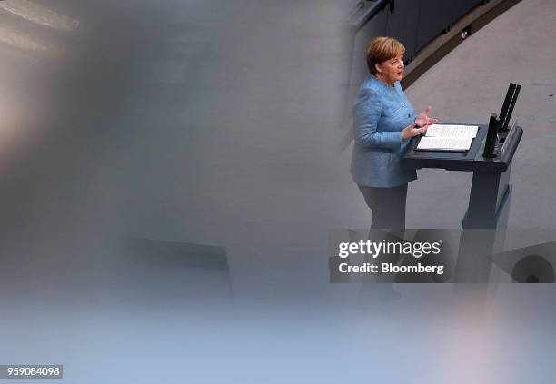 Angela Merkel, Germany's chancellor, speaks during a budget policy plan debate in the lower-house of the Bundestag in Berlin, Germany, on Wednesday,...