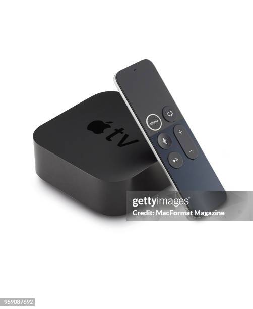 An Apple TV 4K box and remote control, taken on October 3, 2017.