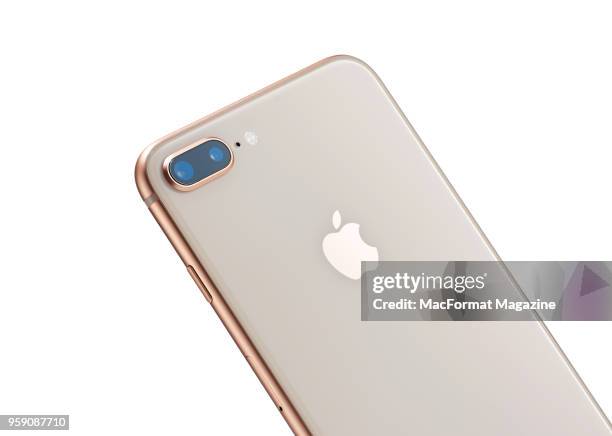 Detail of an Apple iPhone 8 Plus smartphone with a Gold finish, including the dual 12-megapixel rear camera system, taken on September 28, 2017.
