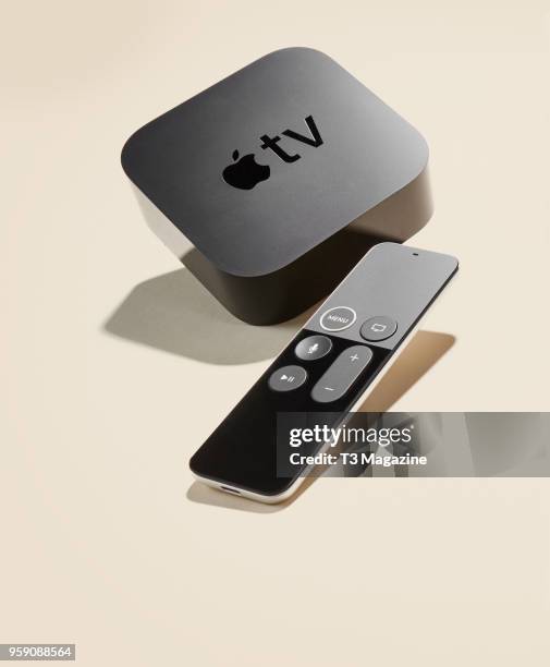 An Apple TV 4K box and remote control, taken on October 27, 2017.