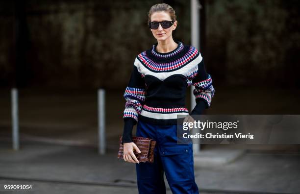 Kate Waterhouse wearing striped knit, blue cropped pants, heels during Mercedes-Benz Fashion Week Resort 19 Collections at Carriageworks on May 16,...