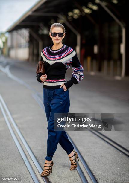 Kate Waterhouse wearing striped knit, blue cropped pants, heels during Mercedes-Benz Fashion Week Resort 19 Collections at Carriageworks on May 16,...