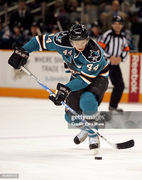 Marc-Edouard Vlasic of the San Jose Sharks in action during their game against the Edmonton Oilers at HP Pavilion on January 16, 2010 in San Jose,...