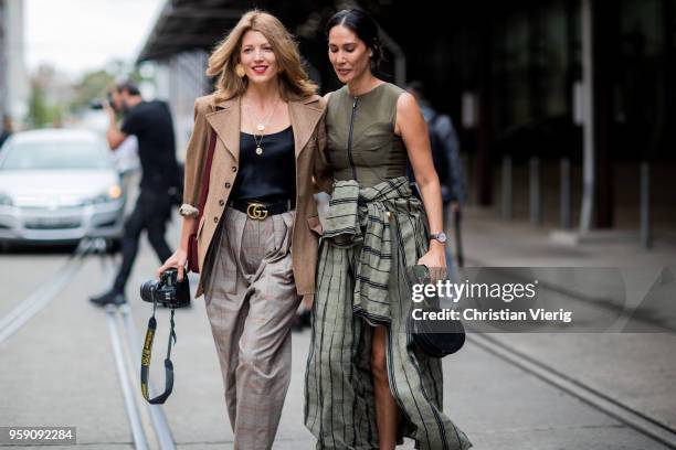 Tanja Gacic wearing brown wool jacket, grey pants, Gucci belt and Lindy Klim during Mercedes-Benz Fashion Week Resort 19 Collections at Carriageworks...